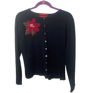 Northern Isles Holiday 2004 Cardigan Womens Size M Black Red Poinsettia Applique